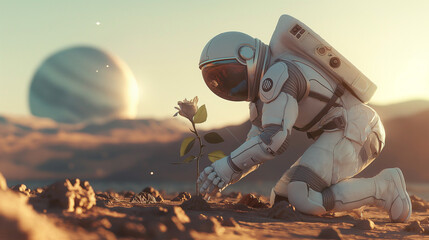 Astronauta raccoglie una rosa nel deserto di un pianeta lontano. - obrazy, fototapety, plakaty