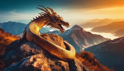 dragon at sunset - obrazy, fototapety, plakaty