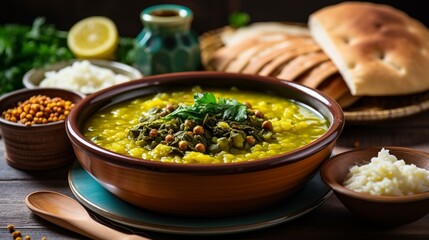 Traditional Ramadan Dinner Iftar Table with Traditional Turkish Green Lentil Soup in yellow bowl on white table with other foods