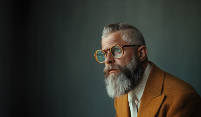 unique and original 45-year-old journalist with distinctive wooden glasses and a quirky beard in a modern suit. vibrant and diverse nature of journalism, individuality and creativity in professional - obrazy, fototapety, plakaty