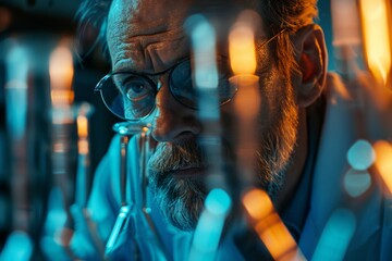 Scientist senior male researcher carrying out scientific research in a lab scientist engrossed in a laboratory experiment, surrounded by beakers and equipment, examining chemical,Portrait of confident - obrazy, fototapety, plakaty