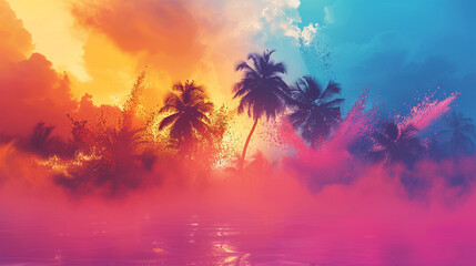 Fototapeta na wymiar Tropical, sunset, palm trees, beach, vibrant colors, pink sky