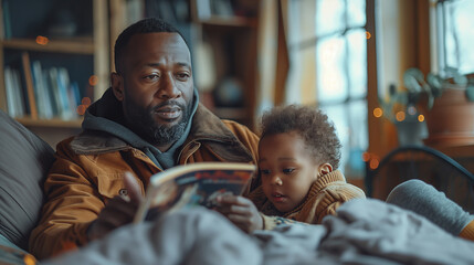 A father telling stories to his children on a white bed - obrazy, fototapety, plakaty