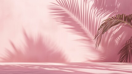 Fototapeta na wymiar Palm leaf shadows on pink wall, Background for product advertisement, Summer tropical travel beach with minimal concept, Banner with copy space, generative ai