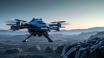 Naklejka premium Stellar Surveyor: Future AI Drone Flying Over Beautiful Alien World