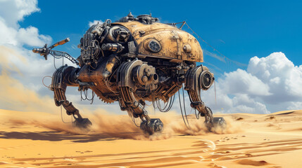 Mechanical Mirage: Sand Crawler Mech in Desert Landscape - obrazy, fototapety, plakaty