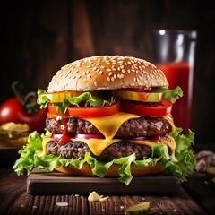 Fresh tasty homemade burger on a wooden table