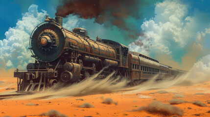 Nomadic Nightmare: Digital Painting of an Insane Dieselpunk Train in the Desert