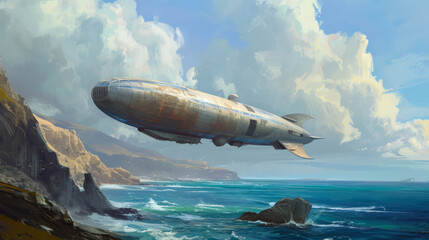 Oceanic Odyssey: Dieselpunk Zeppelin Drifting Above the Waves in Art