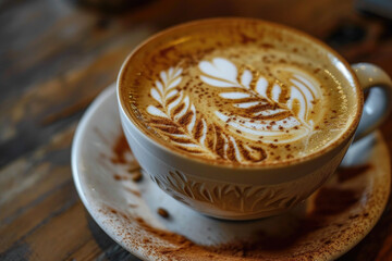 Close-up shots of artful cappuccinos with intricate milk foam designs, highlighting the craftsmanship and aesthetics