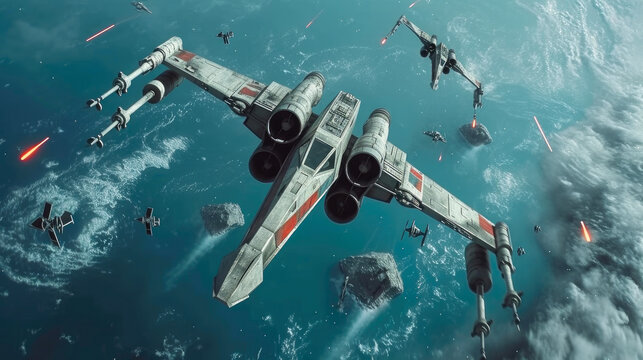 Nebula Dogfight: Epic X-Wing Space Battle in Blue Celestial Domain