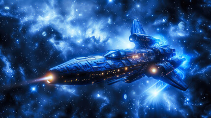 Obraz premium Celestial Odyssey: Dark Blue Spaceship Soaring Through Cosmic Wonders