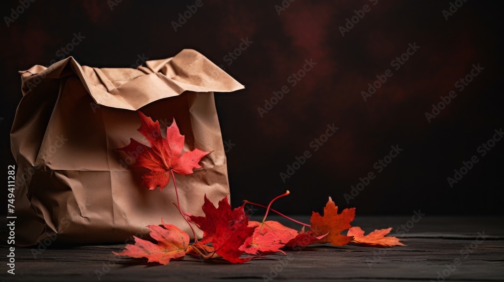 Poster close-up of red autumn maple leaves spilling out of a craft bag on a dark background with a copy spa