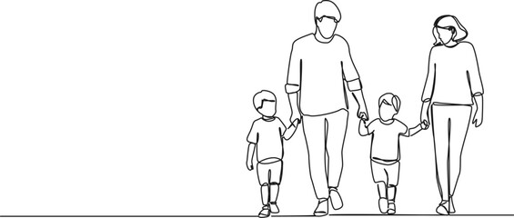 continuous single line drawing of parents with two young boys walking hand in hand, line art vector illustration