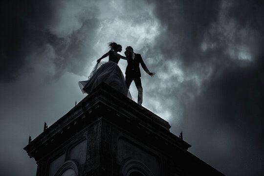couple dancing on top of building black&white aesthtetic picture but without shodows