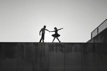 a couple playing dance , black&white picture, minimalism - obrazy, fototapety, plakaty