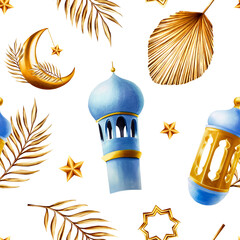 Watercolor seamless pattern with Islamic arabian golden crescent moon, stars on a gold chains, date palm branches, minaret and lanterns illustrations isolated on background. Muslim hand drawn 