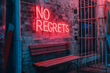 A neon sign that says NO REGRETS on a brick wall. Neural network generated image. Not based on any actual scene or pattern. - Powered by Adobe