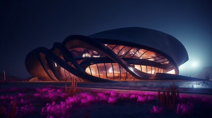 Obraz premium Futuristic architecture. Modern building in geometric style at night.