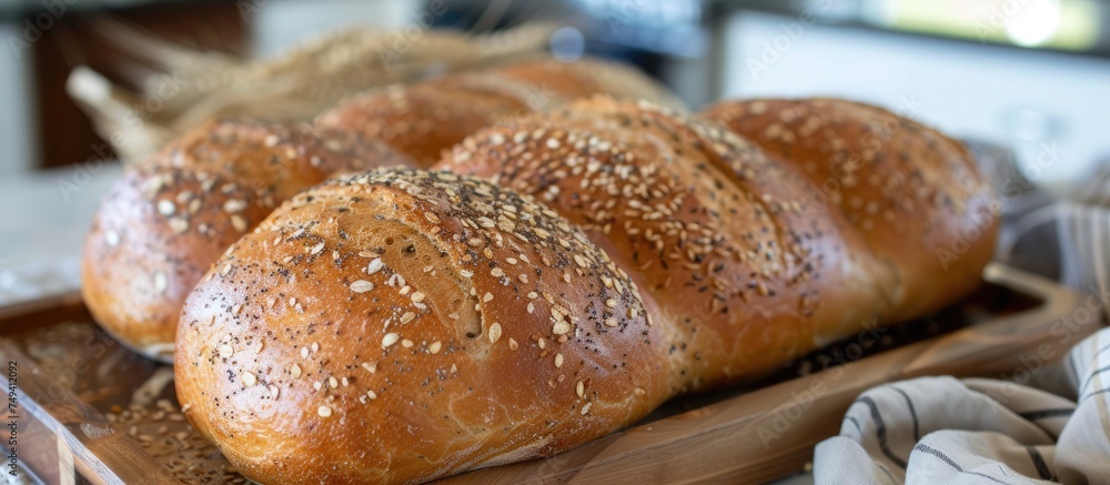 Canvas Prints Two loaves of multigrain bread are displayed on top of a rustic wooden tray in a countryside setting. The bread loaves appear fresh and ready to eat.