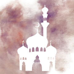 White silhouette of Islamic mosque and minaret with crescent moon illustration isolated on watercolor background. Muslim hand drawn holiday Ramadan Kareem or Eid Al Adha 2024. For designers, p - obrazy, fototapety, plakaty