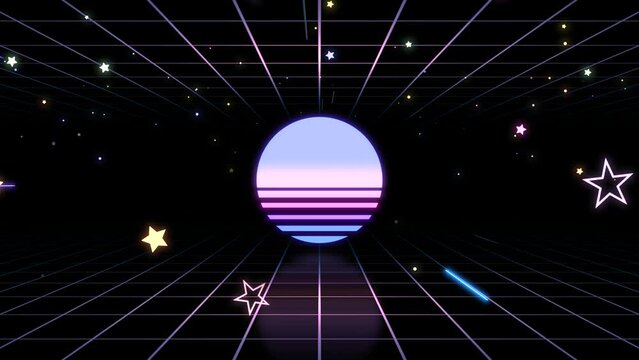 Looped retro synthwave sun and grid space animation.