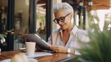 good-looking woman over 50 sitting in a café or on a terrace and reading on a tablet while drinking a coffee - obrazy, fototapety, plakaty