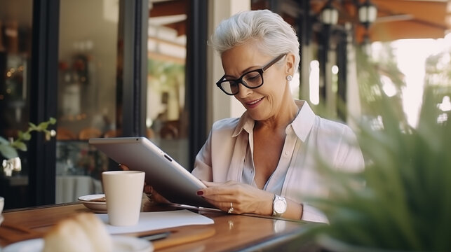 good-looking woman over 50 sitting in a café or on a terrace and reading on a tablet while drinking a coffee