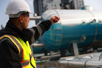 Industrial engineer wearing green safety jacket holding walkie talkie working about HVAC system