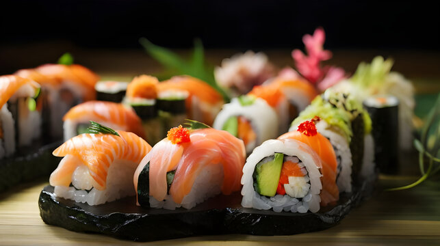 Sushi is a traditional Japanese food that consists of salmon and seaweed wrapped around rice, carefully arranged in beautiful colors, authentic Japanese dining setting