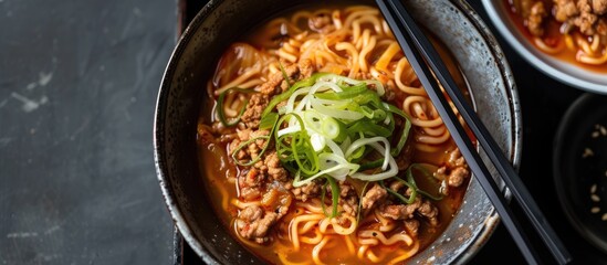 A bowl filled with Asian-style pork kimchi soup and Korean udon ramen noodles is shown, topped with savory meat slices. A pair of chopsticks rests on the bowl, ready for use.