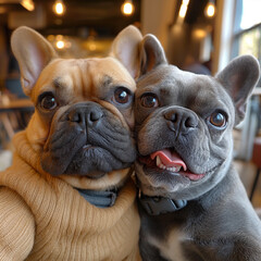 Fototapeta premium Two French Bulldogs Taking a Selfie
