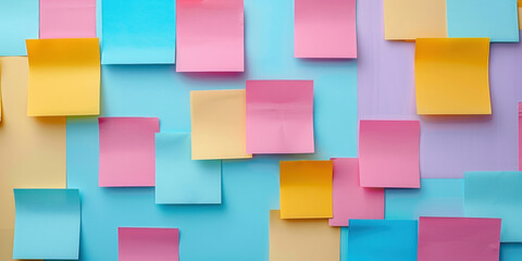 Colorful postit notes decoration on blue wall with copyspace for text and images