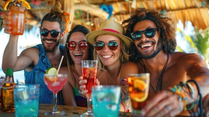 Happy multiracial friends cheering cocktail glasses together at beach party. Youth lifestyle and summertime vacations concept.