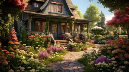Fototapeta na wymiar the charm of a quaint Cottage-style home amidst a blooming garden, evoking a cozy and inviting atmosphere