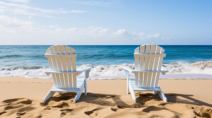 Fototapeta na wymiar Tranquil beach scene with two empty lounge chairs by the ocean, ideal for relaxing and unwinding