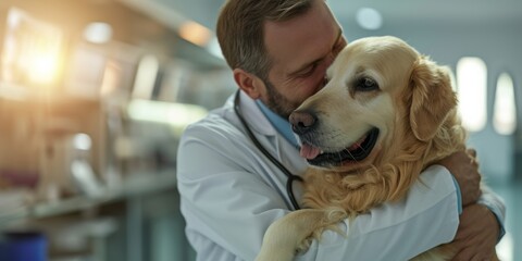A veterinarian in a clinic warmly hugs a happy golden retriever, symbolizing care and compassion in pet healthcare.