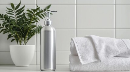 A minimalist bathroom scene showcasing a sleek, refillable aluminum bottle labeled as an all-purpose eco cleaner, - obrazy, fototapety, plakaty