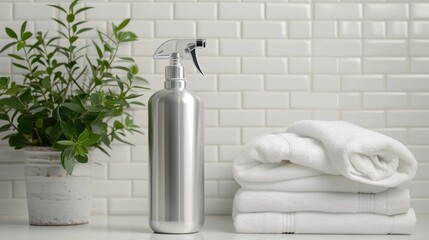 A minimalist bathroom scene showcasing a sleek, refillable aluminum bottle labeled as an all-purpose eco cleaner, - obrazy, fototapety, plakaty