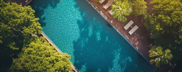 Aerial shot of a serene tropical swimming pool with crystal clear water surrounded by lush trees, ideal for vacation or luxury travel themes.