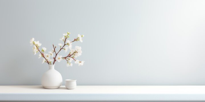 A serene image featuring a white vase with blooming branches next to a white cup on a crisp, light background, ideal for spring-related themes or modern home decor.