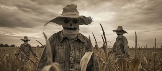A group of people is standing in a field, surrounded by crops and a creepy scarecrow. The individuals appear to be observing the scarecrow and conversing with one another.