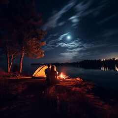 Camping tent river coast night