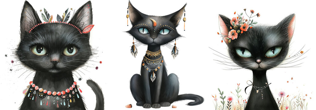 black cat, boho animal watercolor cartoon collection, Generative Ai