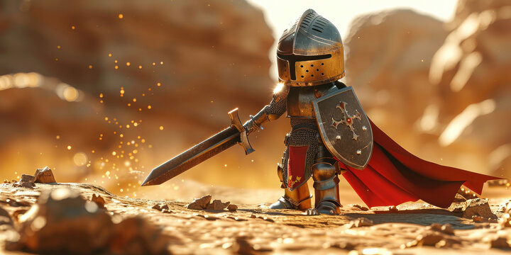 Medieval warrior in shining armor standing in the desert with sword in hand under the blazing sun