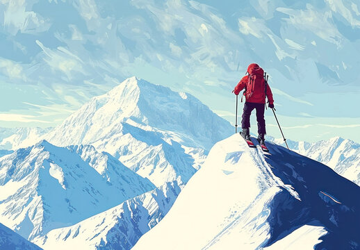 Adventurous skier in a red jacket standing on the snowy peak of a mountain ready to hit the slopes