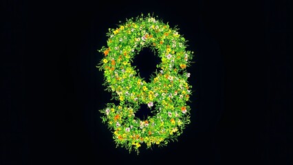 Beautiful illustration of number 9 with green grass and colorful flowers on plain black background