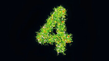 Beautiful illustration of number 4 with green grass and colorful flowers on plain black background