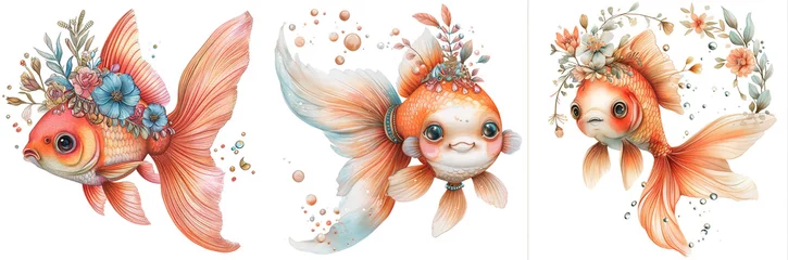 Fototapete Boho-Tiere goldfish swimming, boho animal watercolor cartoon collection, Generative Ai