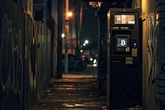 Dark Alleyway ATM Machine with Graffiti Wall at Night